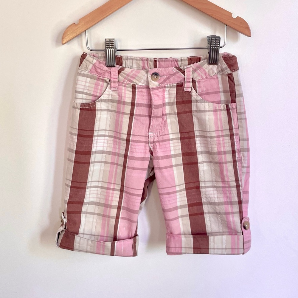 3/$20💥6 Plaid Roll-Cuff Knee-Length Bermuda Shorts, Silver Metallic Pink White